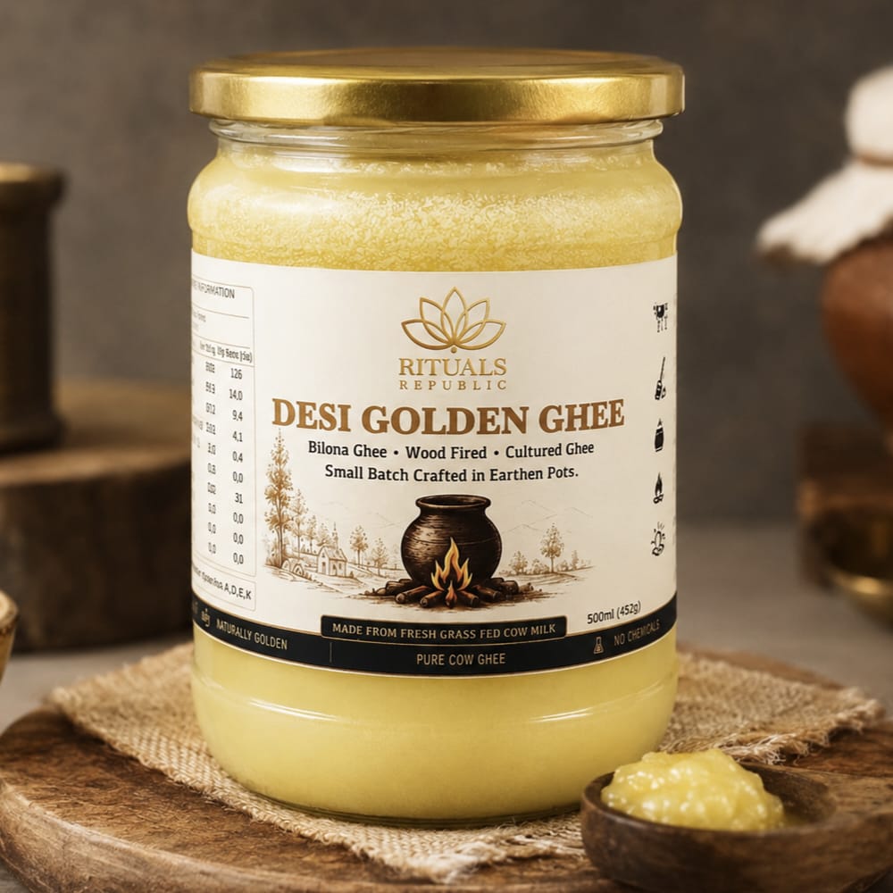 Desi Golden Ghee | Bilona Cultured Cow Ghee | Wood Fired | 500ml (452g)