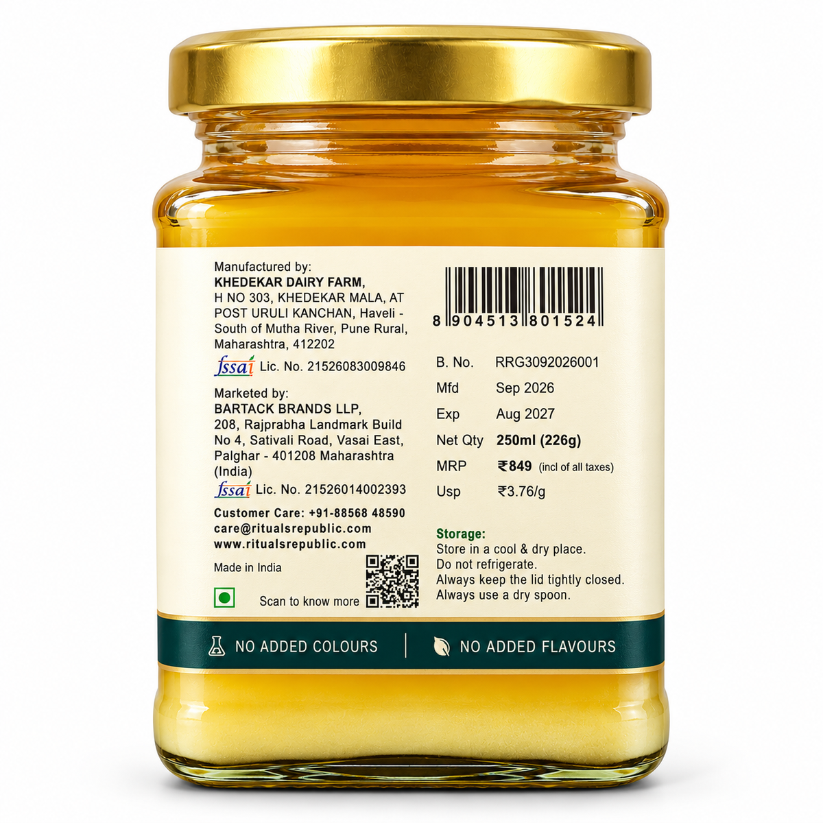A2 Desi Golden Ghee | Bilona Cultured Cow Ghee | Wood Fired | 250ml (226g)