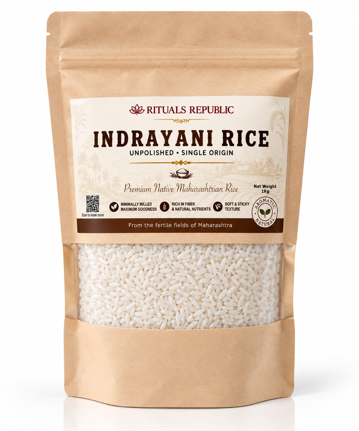 Rituals Republic Indrayani Rice – Unpolished, Single Origin Maharashtrian Rice | Naturally Soft & Sticky | 1 kg