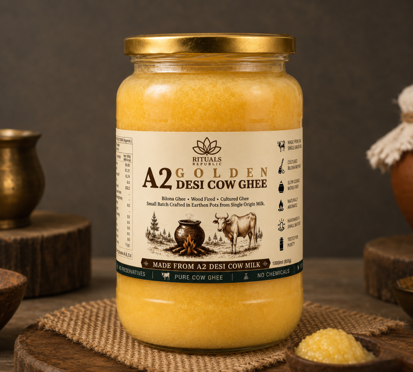 A2 Desi Golden Ghee | Bilona Cultured Cow Ghee | Wood Fired | 1000ml (905g)