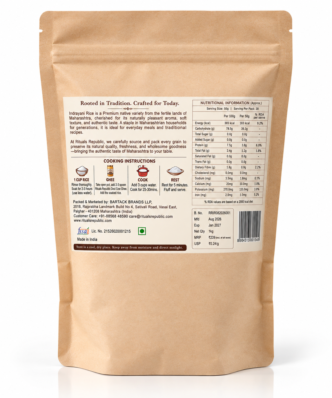 Rituals Republic Indrayani Rice – Unpolished, Single Origin Maharashtrian Rice | Naturally Soft & Sticky | 1 kg