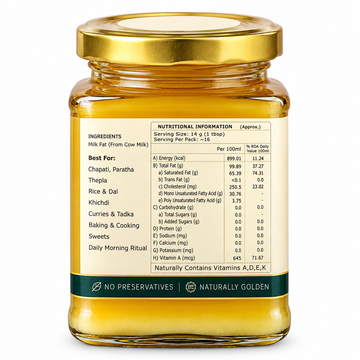 A2 Desi Golden Ghee | Bilona Cultured Cow Ghee | Wood Fired | 250ml (226g)