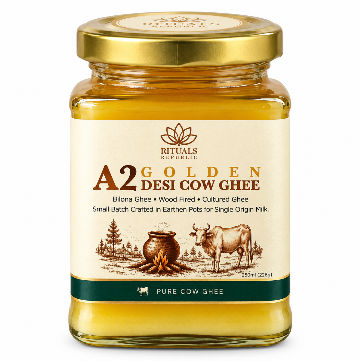 A2 Desi Golden Ghee | Bilona Cultured Cow Ghee | Wood Fired | 250ml (226g)