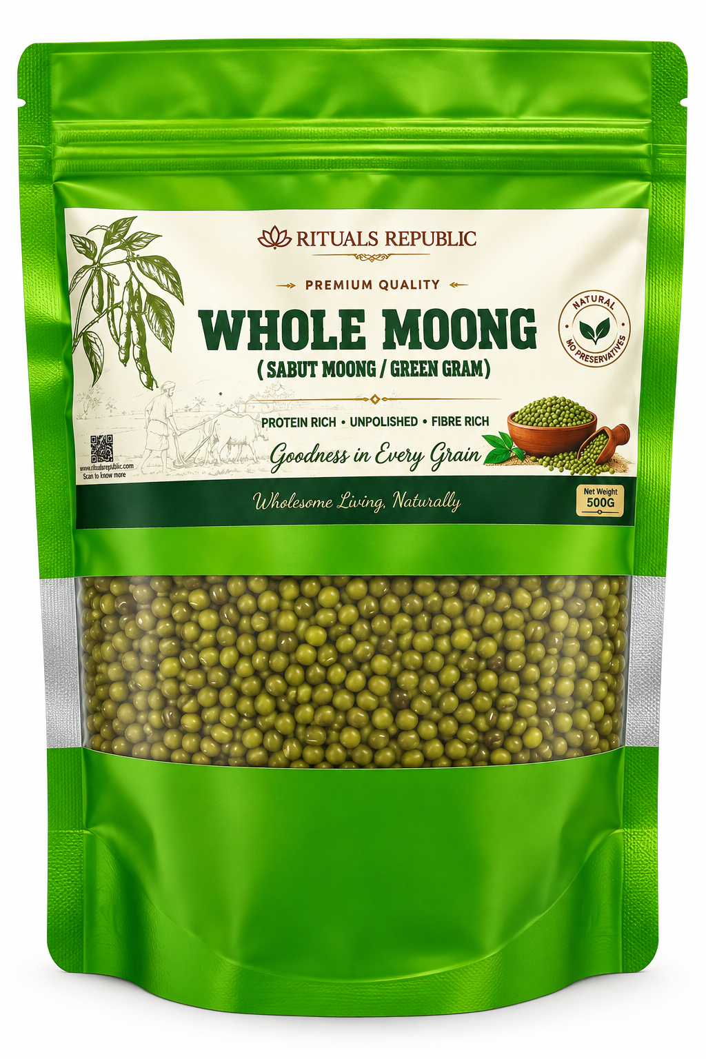 Rituals Republic Whole Moong (Sabut Moong / Green Gram) – Unpolished | Protein & Fibre Rich | 500g