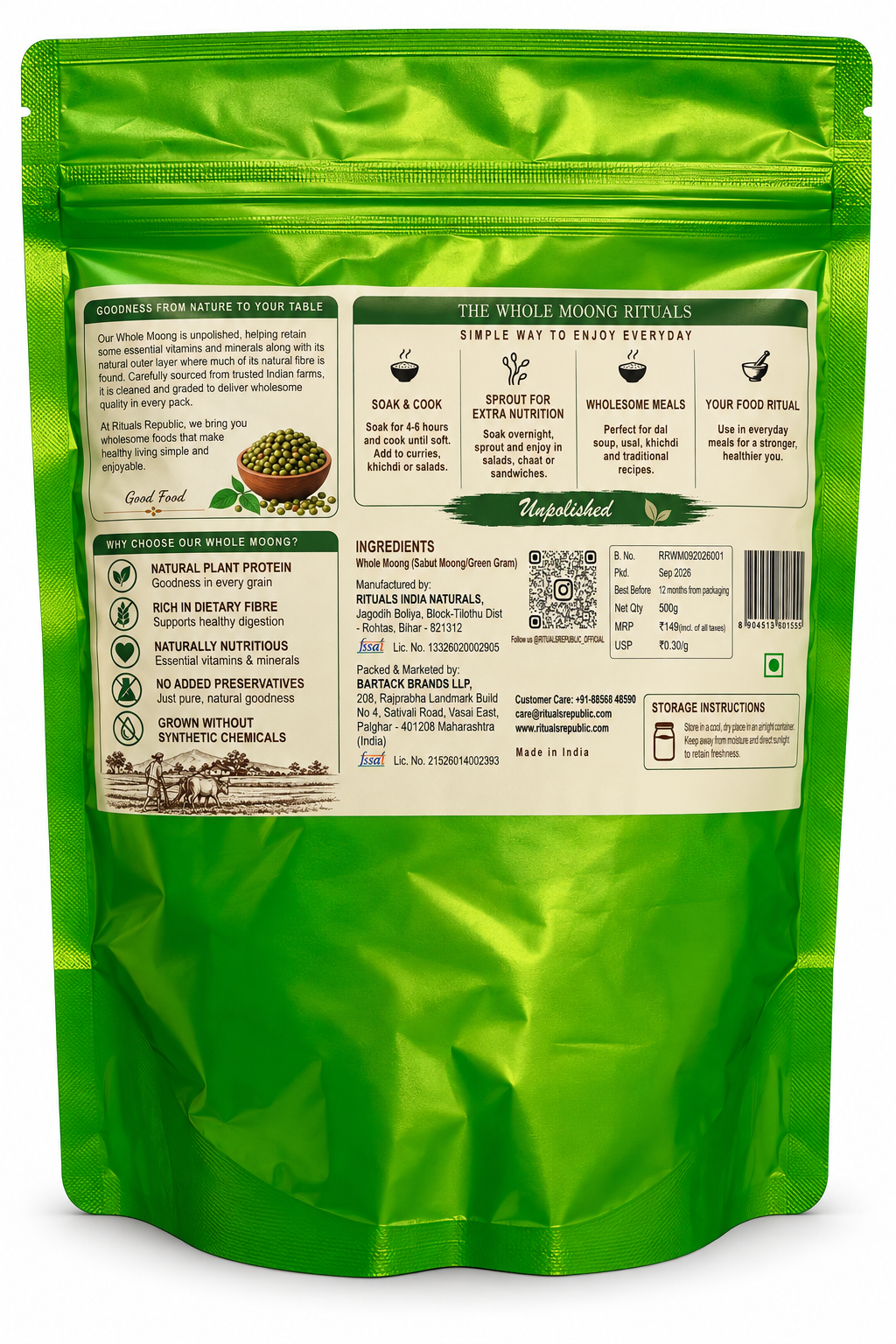 Rituals Republic Whole Moong (Sabut Moong / Green Gram) – Unpolished | Protein & Fibre Rich | 500g