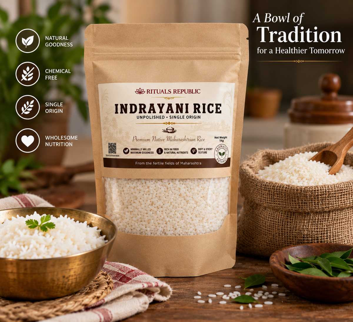 Rituals Republic Indrayani Rice – Unpolished, Single Origin Maharashtrian Rice | Naturally Soft & Sticky | 1 kg
