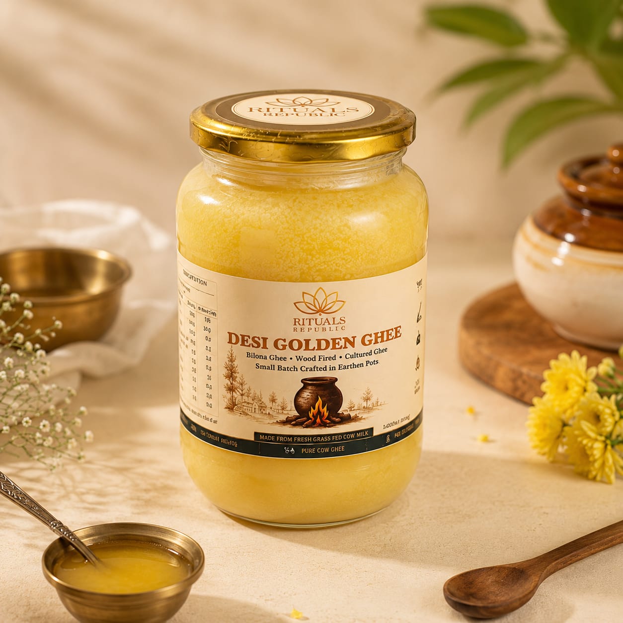 Desi Golden Ghee | Bilona Cultured Cow Ghee | Wood Fired | 1000ml (905g)