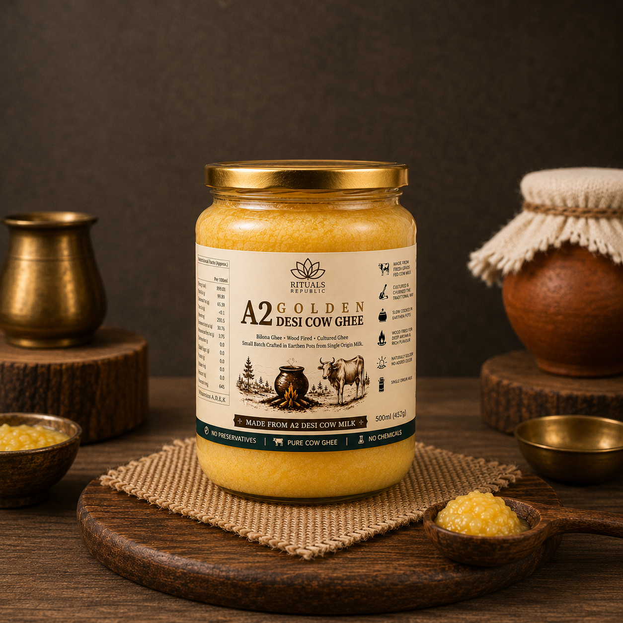 A2 Desi Golden Ghee | Bilona Cultured Cow Ghee | Wood Fired | 500ml (452g)
